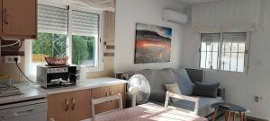 Eine Küche und ein Wohnzimmer mit Sofa und Mikrowelle in der Unterkunft Geani in La Marina