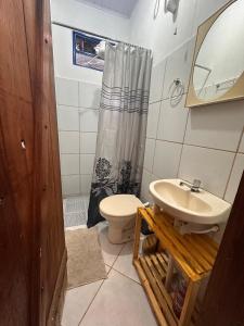 a bathroom with a sink and a toilet and a shower at Chalé Moinho Localização Privilegiada em Carrancas - MG in Carrancas