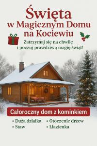 a poster of a house with a christmas tree at Relaks w boberkach Prywatna sala do Bilarda in Bobrowiec