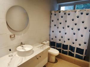 トゥンケンにあるConcrete house overlooking the ocean and beach accessの洗面台、トイレ、鏡のあるバスルーム +16枚の写真