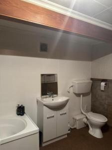 a bathroom with a sink and a toilet and a bath tub at 77b Slacks Road, Awapuni, Palmerston North in Palmerston North