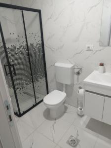 a white bathroom with a toilet and a shower at Apartman Lazar in Ruma +3 photos