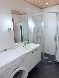 a bathroom with a washing machine and a sink at Premium Chalet huoneisto kylpylän vieressä in Vierumäki