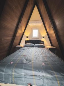 a bedroom with a large bed in a triangular room at Oaza mira, Brutusi near Bjelašnica in Trnovo