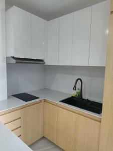 eine Küche mit weißen Schränken und einer Spüle in der Unterkunft M&S Cabina in Alburquerque