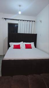 a bedroom with a large bed with two red pillows at Serenity Brown Pad in Kiambu +10 photos
