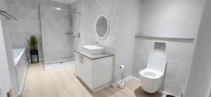 a bathroom with a toilet and a sink and a mirror at Sea 'n Summit Suite in Hermanus