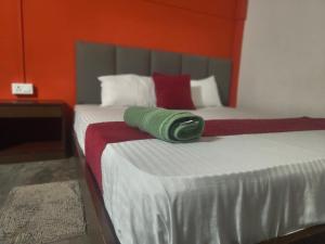 a bed with a green pillow on top of it at Saagar's Farmstay in Jalpāiguri +5 photos
