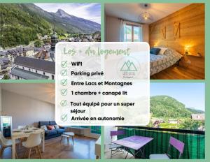 eine Collage aus Bildern eines Zimmers mit Aussicht in der Unterkunft Proche centre Thônes, Apt Cosy entre Lac&Montagnes in Thônes