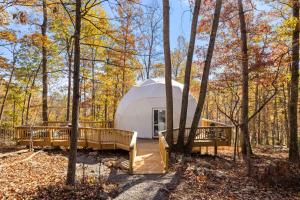 een grote witte koepeltent in het bos bij Glamping Dome w Fire Pit WiFi King Bed & Bath in Wardensville