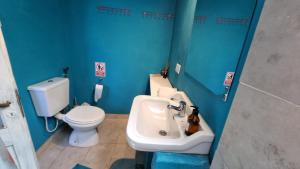 a blue bathroom with a toilet and a sink at Casa Paz, hermosas vistas, a 9 minutos del centro in Capilla del Monte +21 photos