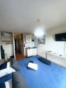 ein Wohnzimmer mit einem großen blauen Bett in einem Zimmer in der Unterkunft Studio centre ville Les logis de Paray 321 in Paray-le-Monial + 9 Fotos