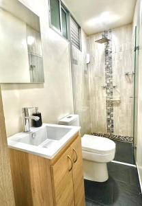 a bathroom with a sink and a toilet and a shower at Apartamento Ideal y Tranquilo in Sabaneta +5 photos