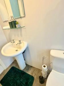 a bathroom with a sink and a toilet at Comfort in the East in Glasgow +2 photos