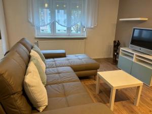 a living room with a couch and a television at Gästewohnung Rosengarten- Damaschke Straße in Halle an der Saale