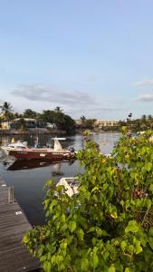 Résidence Oncle Sam في لو جوسيير: وجود قارب جالس على الماء بجانب رصيف +صورتان