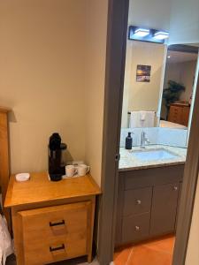 a bathroom with a sink and a large mirror at Oceanside Getaway in Nanoose Bay