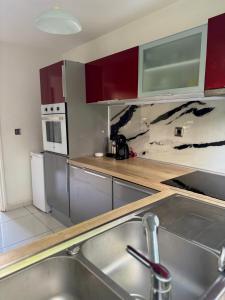 Résidence Oncle Sam في لو جوسيير: مطبخ مع خزائن حمراء ومغسلة حديد قابلة للصدأ