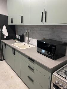 a kitchen with a microwave and a sink at צימר בלב הגולן קצרין in Qasrîne