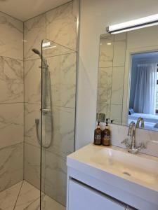 a bathroom with a shower and a sink at Clyde on Sunderland in Clyde +13 photos
