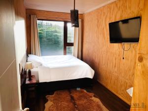 巴拉斯港Casa con vista a los volcanes y Lago Llanquihue的一间带床、电视和窗户的卧室