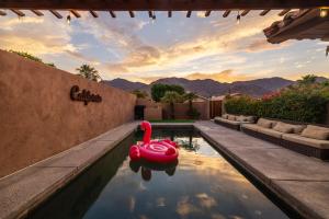 una piscina con un cisne rosa en el agua en Welcome to the Hotel California in Historic La Quinta Cove, en La Quinta