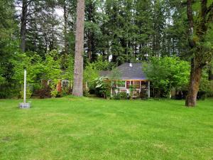 a house in the middle of a yard with trees at Moon Mountain Lodging in Packwood +36 photos