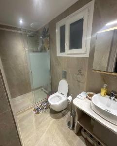 a bathroom with a toilet and a shower and a sink at The 50 50 Deluxe Apartments in Sidari +13 photos