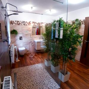 a bathroom with a toilet and plants in it at V Domečku Jáchymov in Jáchymov +11 photos