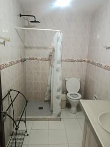 Un baño con ducha, inodoro y lavabo. en Un hogar lejos de casa, en Sucre