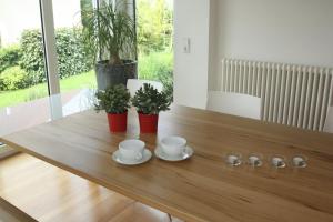 a wooden table with two cups and two plants on it at Ferienhaus Sonnenhaus in Bodman-Ludwigshafen