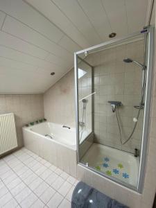 a bathroom with a shower and a bath tub at Zur schönen Aussicht in Bad Wildungen