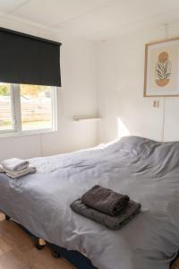 Una cama con una toalla en un dormitorio en Chalet Bosgeluk - close to the woods, en Anloo