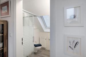 a bathroom with a toilet and a skylight at Dünenblick in Prerow +20 photos