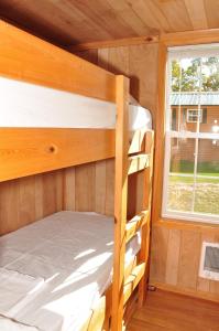 a bunk bed in a tiny house with a window at Plymouth Rock Camping Resort Rustic Cabin in Elkhart Lake +21 photos