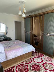 a bedroom with a large bed and a mirror at Wide Seaview 3-Bedroom Apartment in Alexandria