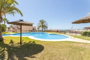 une piscine avec palmiers et parasols dans l'établissement Brisas de Almayate, à Almayate Alto