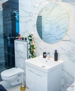 un bagno con lavandino, WC e specchio di Villa RM a Ivišovo Greblje