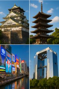 a group of four pictures of a building and a city at 通天閣徒歩1分3ベッド in Osaka +13 photos