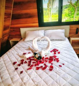 due cigni che formano un cuore con le rose su un letto di CabanasLauritaBG a Bento Gonçalves