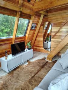 un soggiorno in una baita di tronchi con una TV e uno specchio di CabanasLauritaBG a Bento Gonçalves