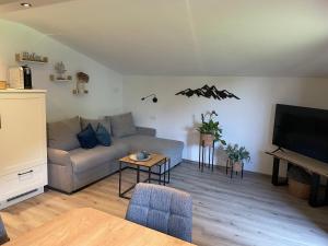 un soggiorno con divano e TV a schermo piatto di Apartment Bergglück Wildschönau a Wildschönau