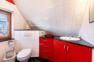 a bathroom with a toilet and a sink at Dachspitz - junges Wohnen in Unterkirnach