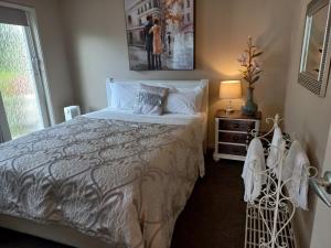 ein Schlafzimmer mit einem Bett und einer Lampe und einem Fenster in der Unterkunft Beachside Townhouse Dunedin in Dunedin