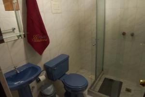 a bathroom with a blue toilet and a glass shower at Hotel Condeza in La Paz