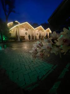 a group of white tents with lights in the night at Chales Spa Exclusive - Localizado Proximo do Centro in Canela