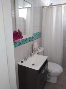 a bathroom with a sink and a toilet and a mirror at O Connor Santiago del Estero in Santiago del Estero