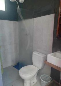 a bathroom with a white toilet and a sink at Loft central in Pelotas
