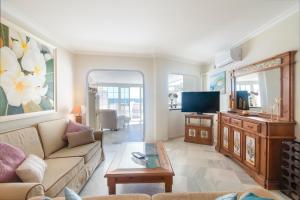 a living room with a couch and a tv at Deluxe Apartment with Jacuzzi in Marbella