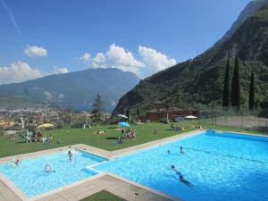 ein großes Schwimmbad mit Menschen auf einem Feld und Bergen in der Unterkunft Casa Sara with swimming pool in Riva del Garda